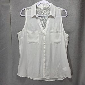 Express Portofino Blouse Shirt Womens L Slim Collared Sleeveless Lace White